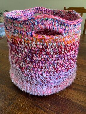 Handmade Crochet Multicolor Double Handle Scrap Yarn Storage Basket 12"x13"